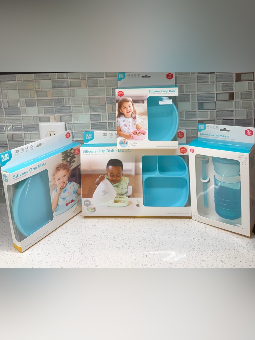 Bumkins Silicone Grip Feeding Bundle (Dish & Lid, Plate, Bowl, Straw Cup & Lid)